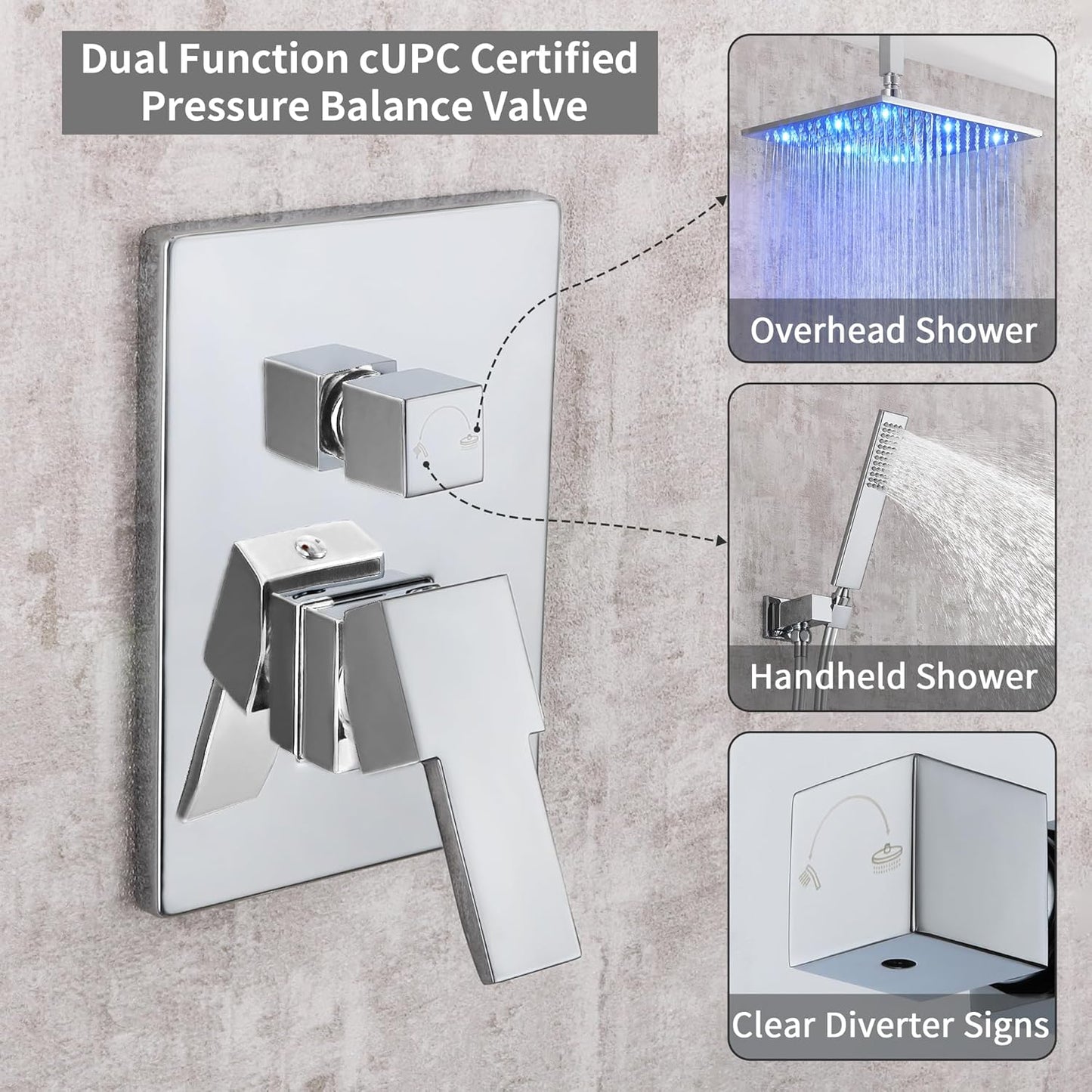 Chrome Shower Faucet Set - Rainfall Shower Head with LED, 12 Inch, 2 Function Valve Kit