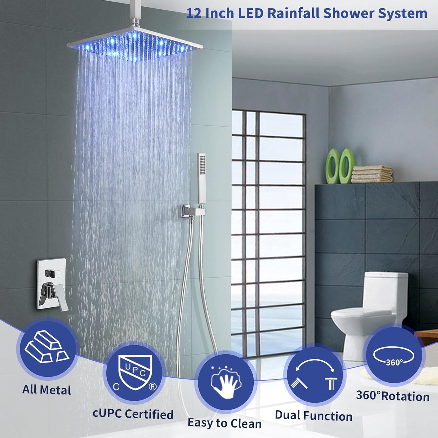 Chrome Shower Faucet Set - Rainfall Shower Head with LED, 12 Inch, 2 Function Valve Kit