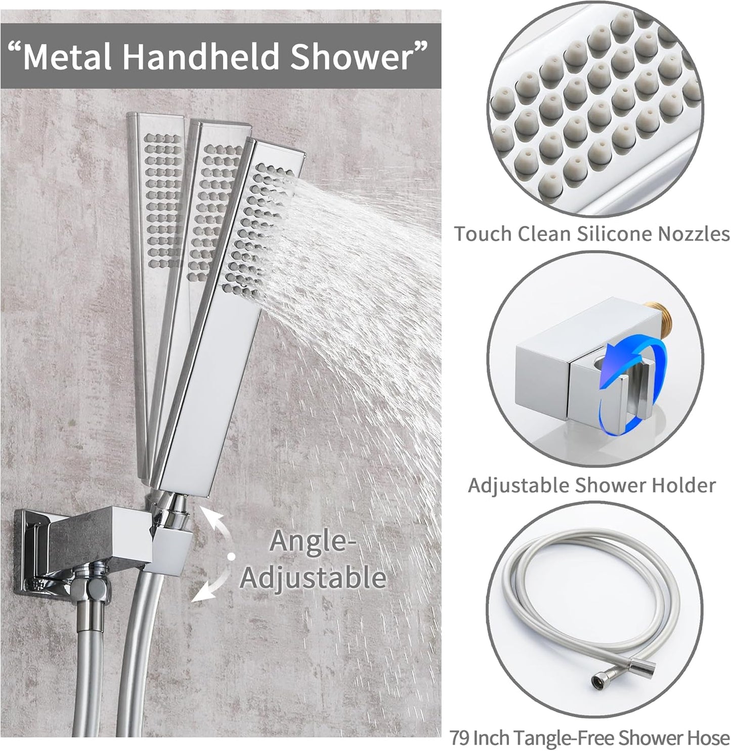 Chrome Shower Faucet Set - Rainfall Shower Head with LED, 12 Inch, 2 Function Valve Kit