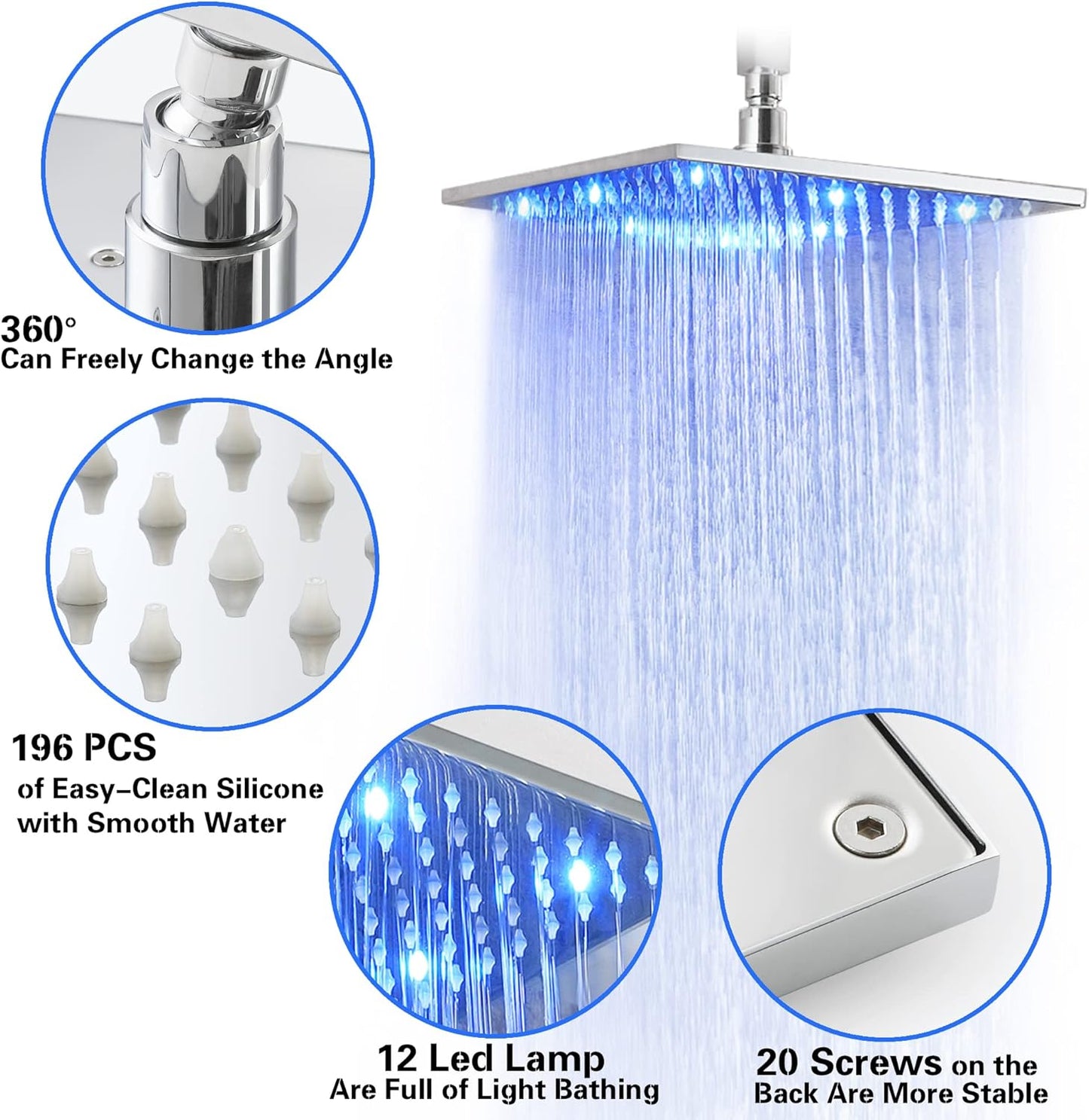 Chrome Shower Faucet Set - Rainfall Shower Head with LED, 12 Inch, 2 Function Valve Kit