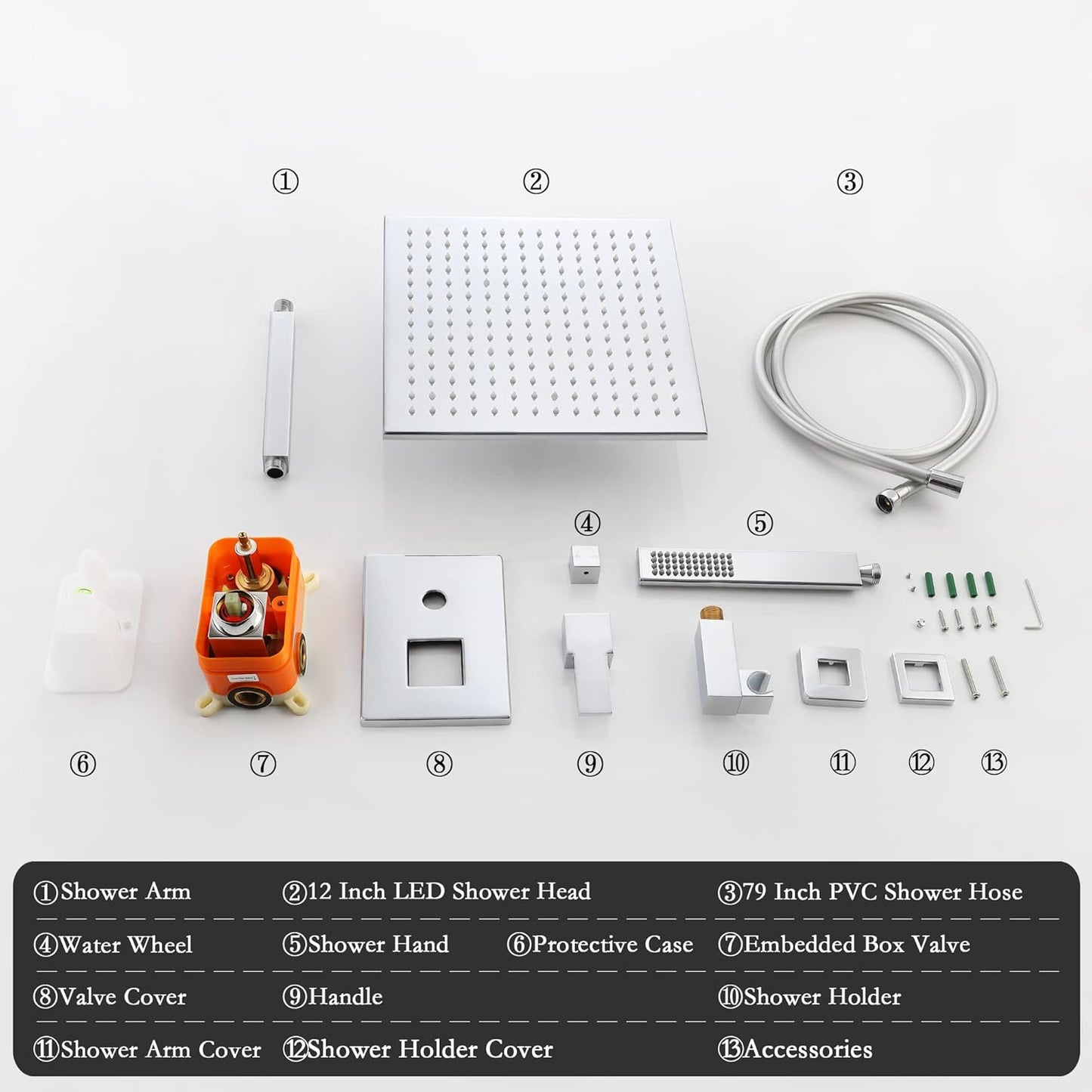 Chrome Shower Faucet Set - Rainfall Shower Head with LED, 12 Inch, 2 Function Valve Kit