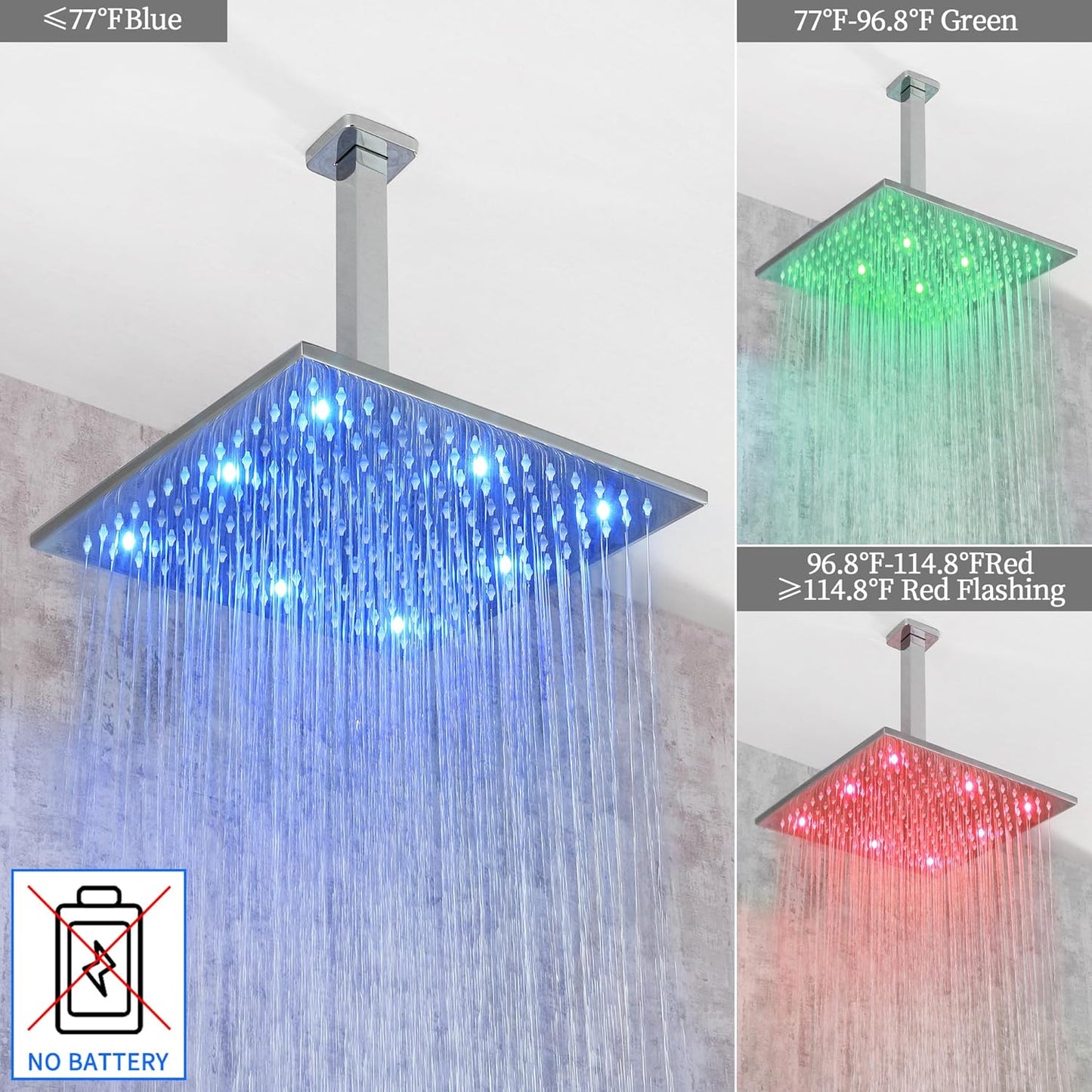 Chrome Shower Faucet Set - Rainfall Shower Head with LED, 12 Inch, 2 Function Valve Kit