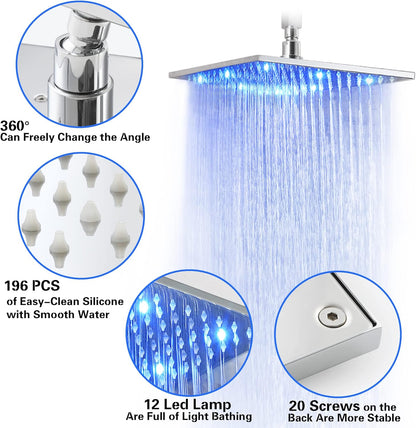 Chrome Shower Faucet Set - Rainfall Shower Head with LED, 12 Inch, 2 Function Valve Kit