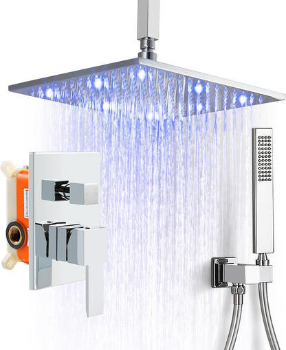 Chrome Shower Faucet Set - Rainfall Shower Head with LED, 12 Inch, 2 Function Valve Kit
