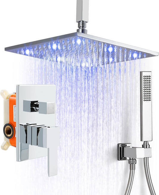 Chrome Shower Faucet Set - Rainfall Shower Head with LED, 12 Inch, 2 Function Valve Kit