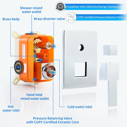 Chrome Shower Faucet Set - Rainfall Shower Head with LED, 12 Inch, 2 Function Valve Kit