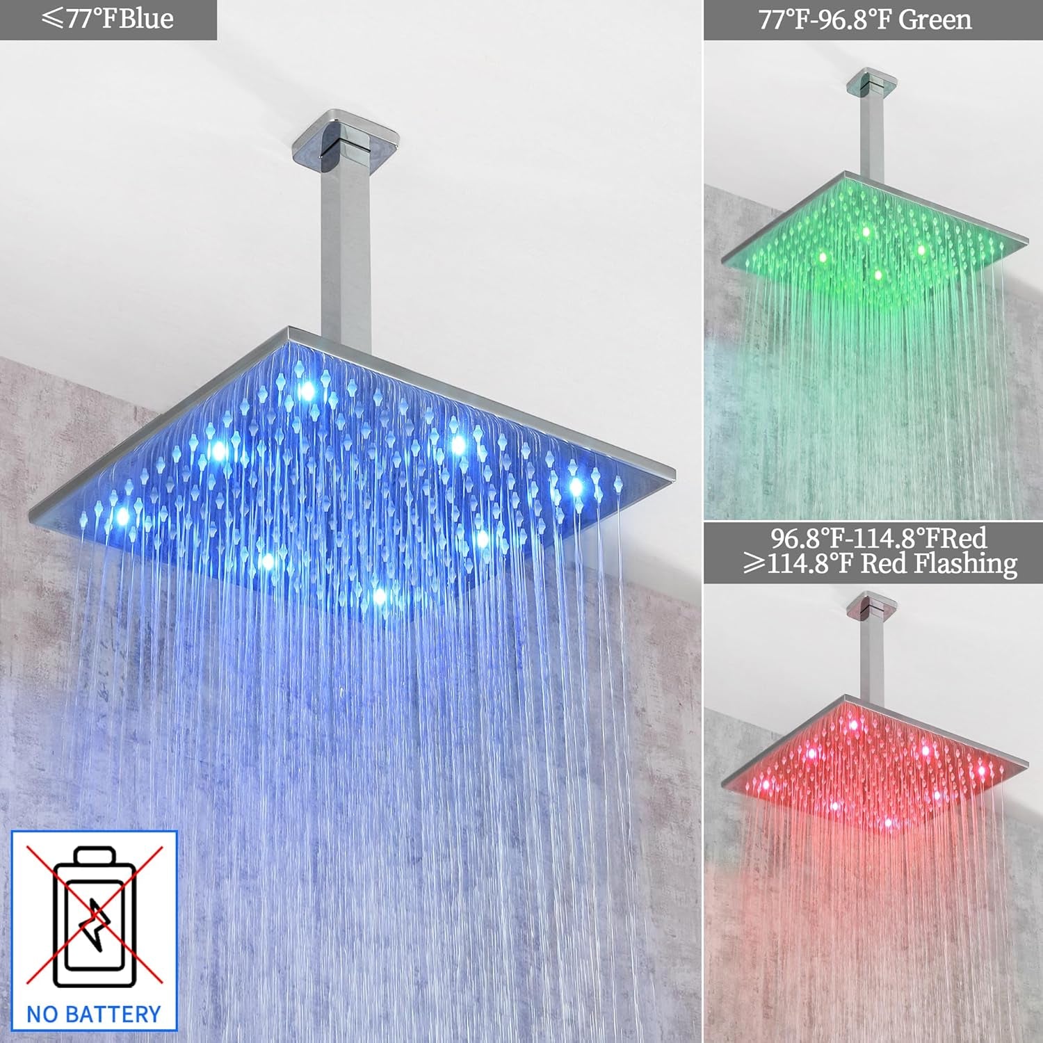 Chrome Shower Faucet Set - Rainfall Shower Head with LED, 12 Inch, 2 Function Valve Kit